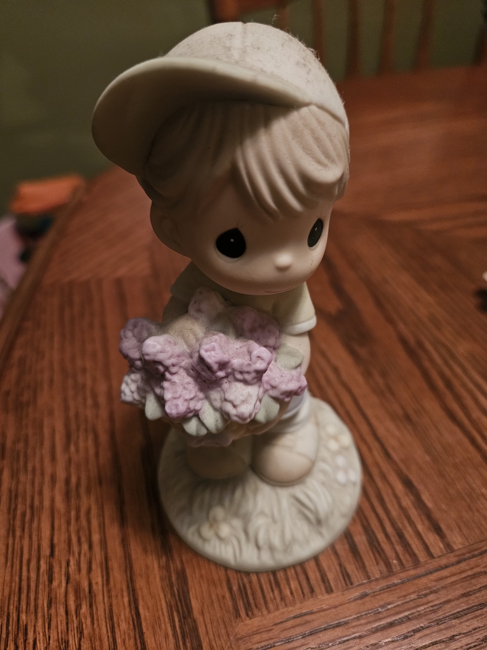 Precious Moments White Boy Figurine Holding Lavender Bouquet